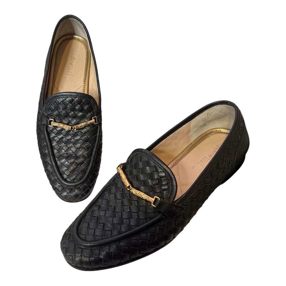 J. McLaughin Woven Leather Gold Horsebit Loafers Womens 6.5 Black Slip On Shoes